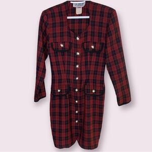 80s Vintage Black and Red Plaid Midi Dress Size Small
